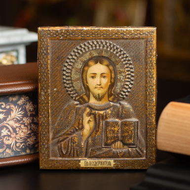 Старинная икона Вседержителя 1896 года, фабрика Жако