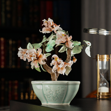 Vintage Sakura Tree "Bonsai" Made of Jade Glass in a Ceramic Vase