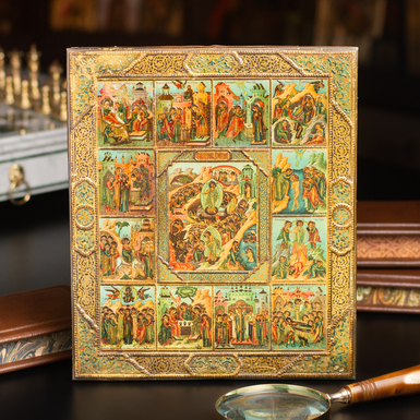 Стародавня ікона «Дванадцять великих православних свят» 1897 року, фабрика Жако (без реставрації)
