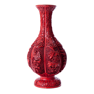 Раритетная резная ваза из бронзы "Scarlet" выполнена в технике CINNABAR, Китай, середина 20-го века