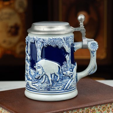 Фарфоровый пивной бокал с крышкой ручной работы "Pasture", Германия, середина 20 века