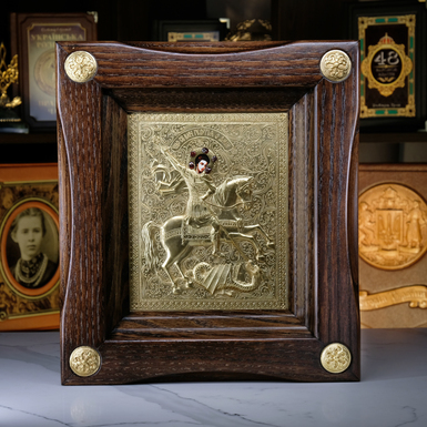 Икона с позолотой в деревянной рамке "Георгий Победоносец"