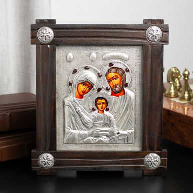 Икона "Святое семейство" с посеребрением в деревянной раме