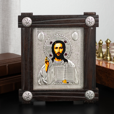Icon "Jesus Christ" with silver plating in a wooden frame