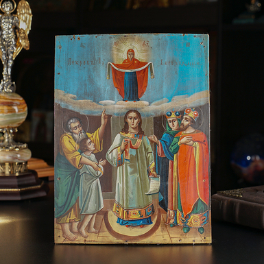 Стародавня ікона Покрови Пресвятої Богородиці останньої чверті 19 століття, центральна Україна (без реставрації)