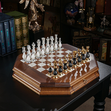 Chess set "Arcanum" with wooden board (46x46 cm) and figures with gold and silver plating from ITALFAMA