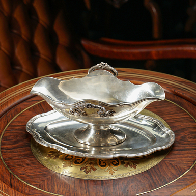Antique silver sauce boat with tray "Lorette", France, late 19th century