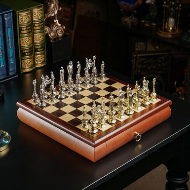 Шаховий набір "Bonaparte" з дерев'яною дошкою (32,5х32,5 см) та металевими фігурками від ITALFAMA