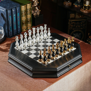 Chess set "Equinox" with wooden board (46x46 cm) and figures with gold and silver plating from ITALFAMA