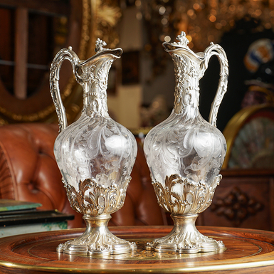 Пара старинных хрустальных графинов в серебряной оправе "Crystalune", Франция, 19-ый век