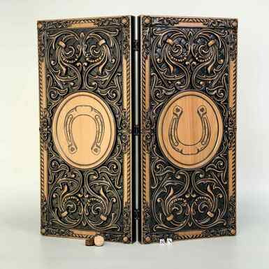 Handmade wooden backgammon "Horse and Horseshoe for Luck" (60х28 cm)