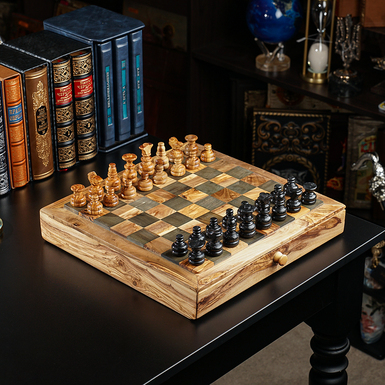 Handcrafted chess set "Strategem" made of natural olive wood (38x38 cm)