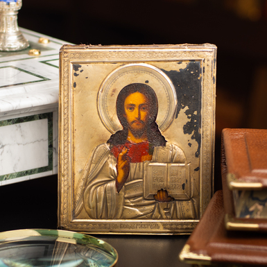 Старинная икона Иисуса Христа в серебряной резе последней четверти 19 века, центральная Украина (без реставрации)