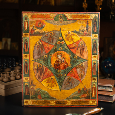 An antique icon of the Mother of God "Burning Bush" from the first half of the 19th century, northern regions of Orthodoxy