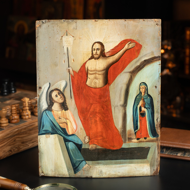 An antique Ukrainian folk icon of the Resurrection of Christ from the late 19th century (without restoration)