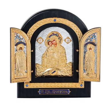Складень "Богоматір Почаївська" із міді, сріблення, позолоти, емалей, каміння