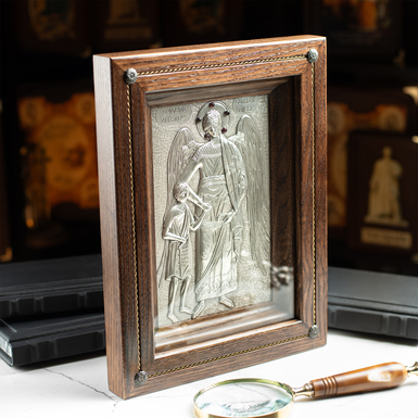 Guardian Angel icon with silver plating in a wooden frame