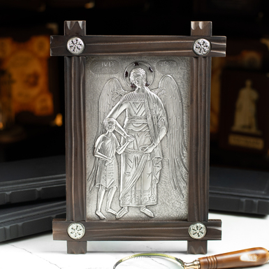 Guardian Angel icon with silver plating in a wooden frame
