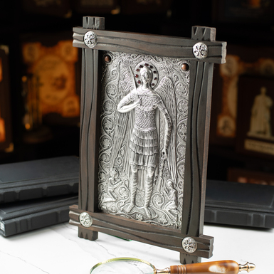 Archangel Michael icon with silver plating in a wooden frame