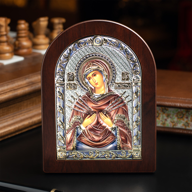 Икона «Богоматерь Семистрельная» с посеребрением и позолотой, деревянная основа от Valenti