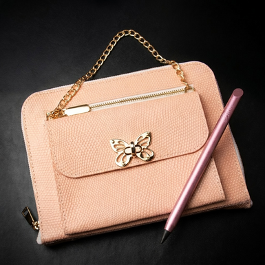 Gift set of genuine leather notebook clutch "Butterfly" by Helper Book and anodized aluminum permanent pencil "Pink" by Belito
