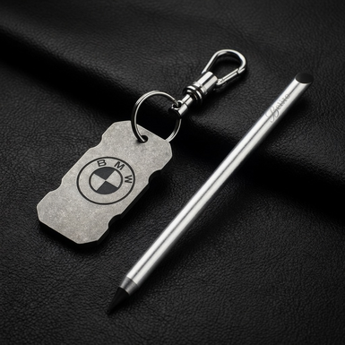 Gift set titanium key chain "BMW" with Swiss carabiner "Victorinox" and anodized aluminum fountain pen "Grey" from Belito