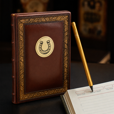 Gift set: leather diary "Lucky Horseshoe" with a gilded horseshoe and anodized aluminum "Gold" fountain pen from Belito