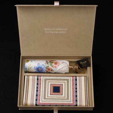 Gift set - "Blue Flowers" umbrella by Pasotti and "Rectangles" natural silk scarf by Fama (limited collection, 65x65 cm)