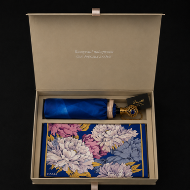 Подарочный комплект - зонтик "Blue Dahlia" от Pasotti и платок из шелка "Peonies" от Fama (лимитированная коллекция, 65х65 см)