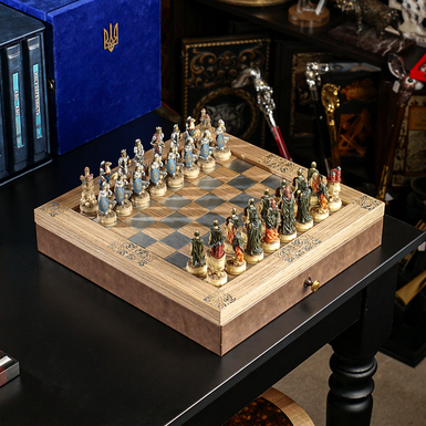 "Realm of Bones" chess set with wooden board and hand-painted thematic pieces from ITALFAMA