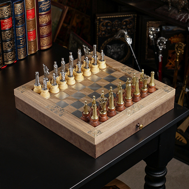 Chess set "Medieval Court" with wooden board and metal pieces from ITALFAMA