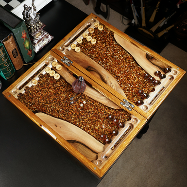 Backgammon made of amber, walnut and epoxy resin "Golden Land"