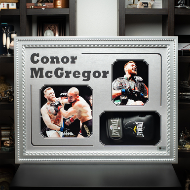 Autograph of boxer Conor McGregor on a collage with a boxing glove