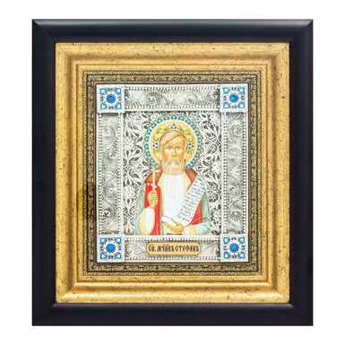 Icon "Holy Martyr Stephen" (copper, silver plating, artistic metal painting, enamel, stones)