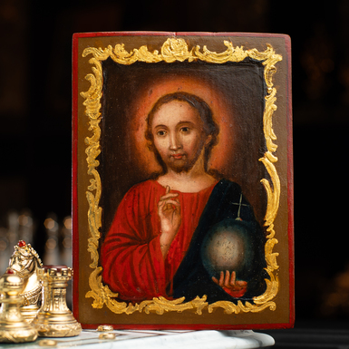 Antique icon of Jesus Christ with baroque molding from the second half of the 19th century