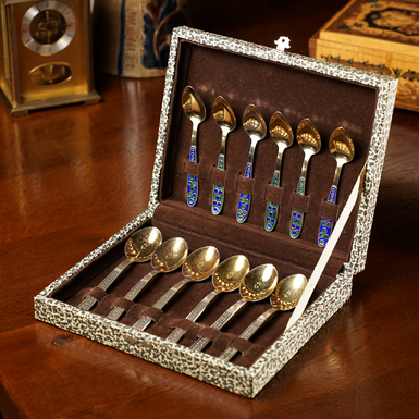 Tea spoons, 916 sterling silver, enamel
