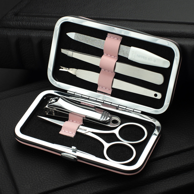 Pinky Pudra 5-piece stainless steel manicure set in a leather case by Fama