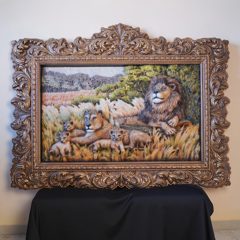  3D картина ручной работы "Семья львов" из дерева 