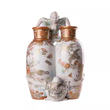 Уникальная японская двойная ваза 19 столетия с героями мифов Ashinaga-tenaga, 31 см