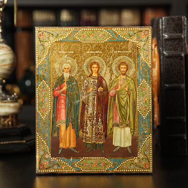 Купить старинную икону Святых Гурия, Авива и Самона (хранители семейного очага)