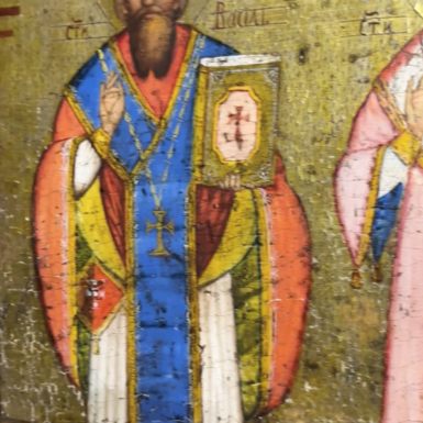wow video Икона «Три Святителя Вселенских: святые Василий, Иоанн, Григорий»,  18 век, Украина 