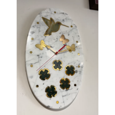 wow video Wall clock "Birdy"  in Italian Bianco Carrara marble and brass by Michel Maloch