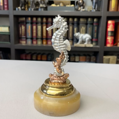 wow video Figurine «Seahorse» with copper plating, silvering, patination, 24 carat gold and marble by Evgenia Epura