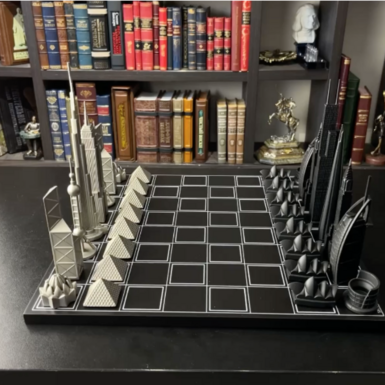 wow video Stainless steel chess "Famous towers" from Skyline Chess