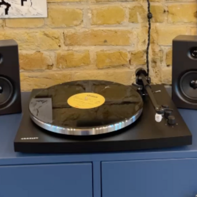 wow video "T150C Shelf System Black" Vinyl Music System by Crosley