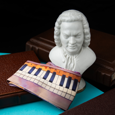 Gift set of porcelain sculpture "Johann Sebastian Bach", Lippelsdorf, Wagner&Apel, Germany and natural silk twill "Rhythm of life" by FAMA (limited collection, 90x7 cm) photo