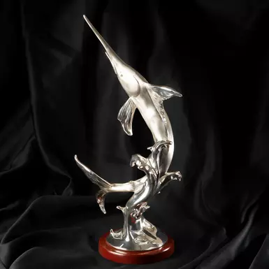 wow video "Sea predator" silver-plated figurine on a wooden stand by Exetera Argenti