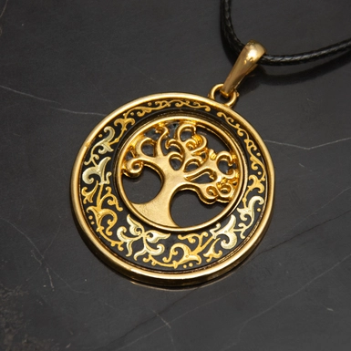 video Pendant "Tree" made of Damascus steel and gold plated