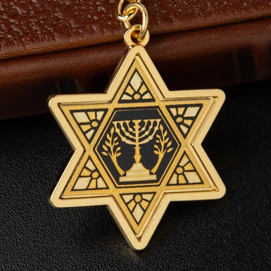 video Keychain made of Damascus steel and gold plated "Menorah"