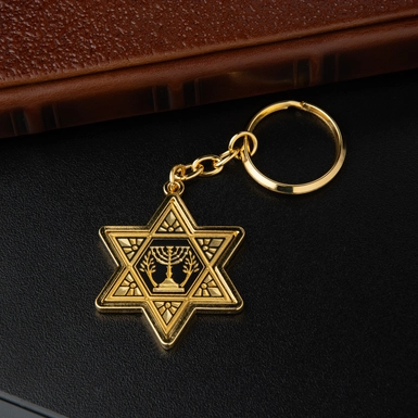 wow video Keychain made of Damascus steel and gold plated "Menorah"